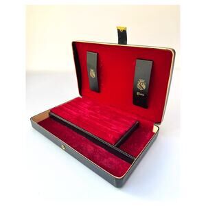 Vintage Shields Leather Jewelry Box Case Black Gold Red Velvet Travel Case